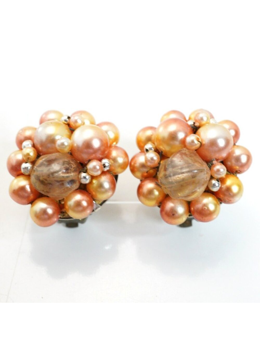 Vintage Japan Clip-On Cluster Faux Pearl Earrings Gold Peach Tones